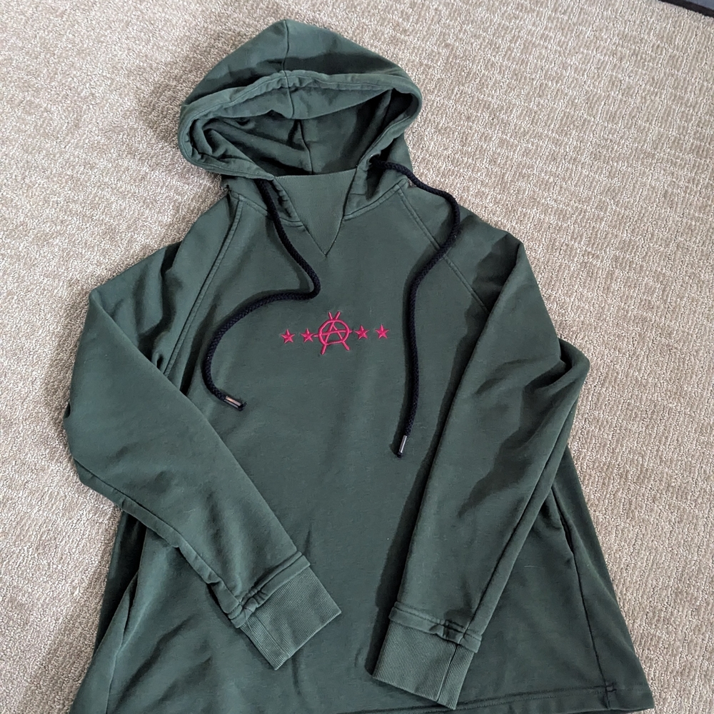 Green Hoodie with Pink Embroidery